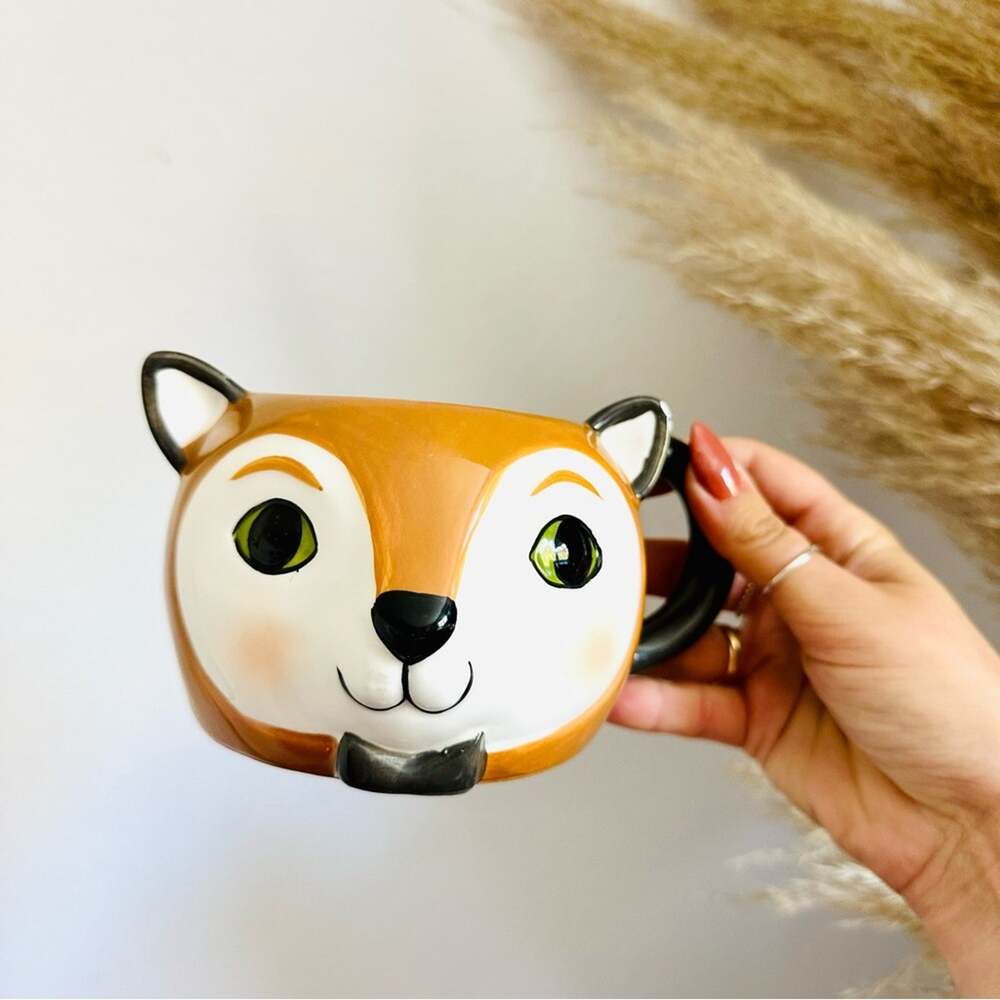 THRESHOLD TARGET Brown Cream Fox Bow Tie 3D Sculpted Ceramic Coffee Tea Cup Mug